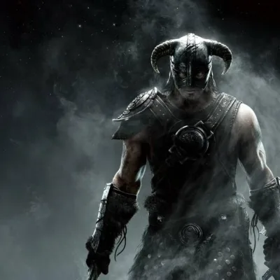 Imagem de divulgação de "The Elder Srolls V: Skyrim" com Dragonborn em fundo preto, cheio de vapor ao seu redor.