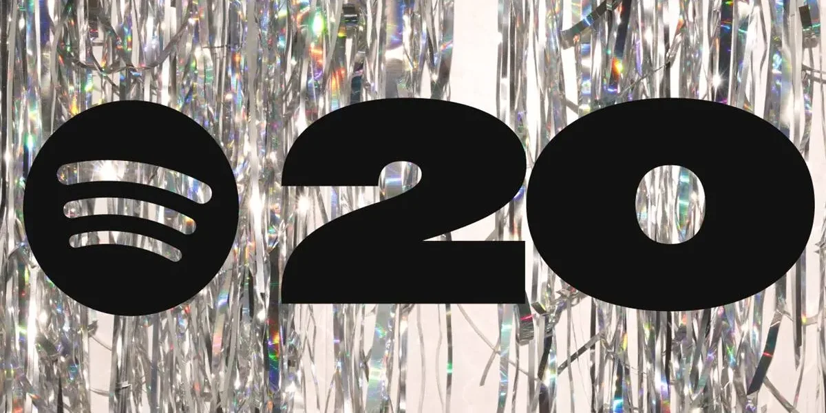 Logo do Spotify e o número 20, representando seus 20 anos, em fundo espelhado.