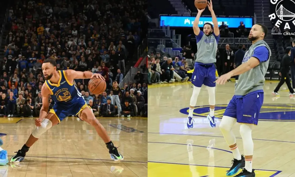Colagem com duas fotos verticais em painel horizontal do atleta Stephen Curry, armador do Golden State Warriors, NBA, durante partida.