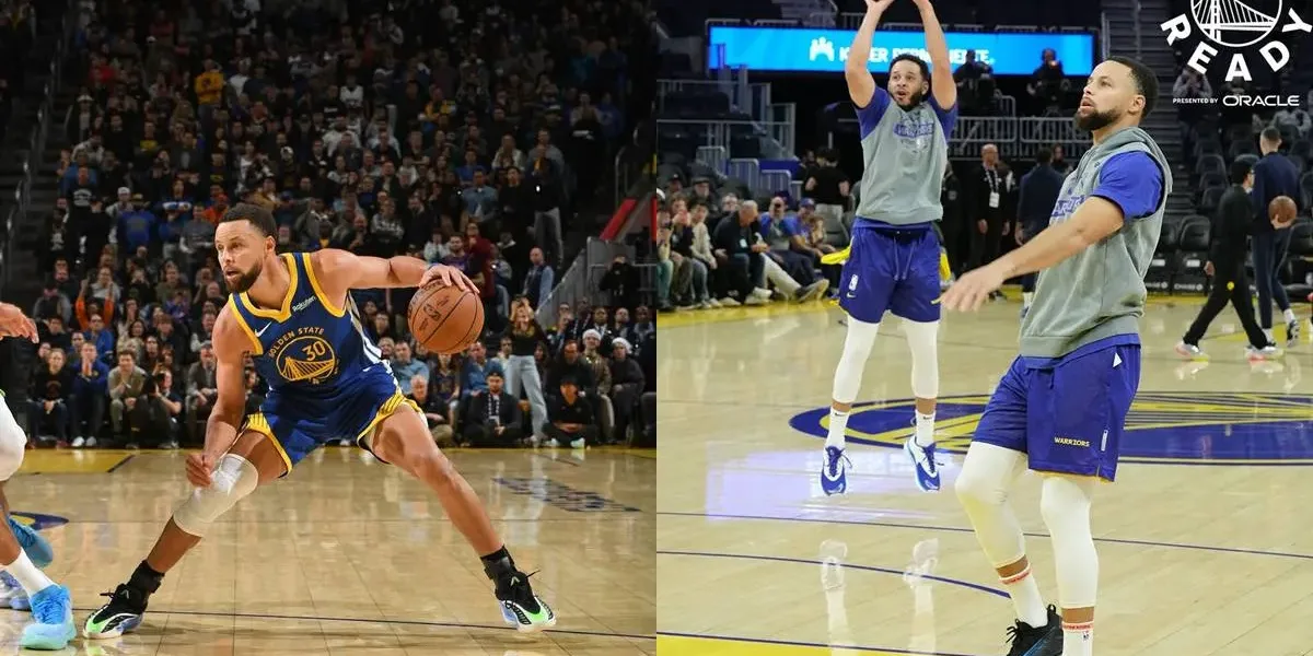 Colagem com duas fotos verticais em painel horizontal do atleta Stephen Curry, armador do Golden State Warriors, NBA, durante partida.