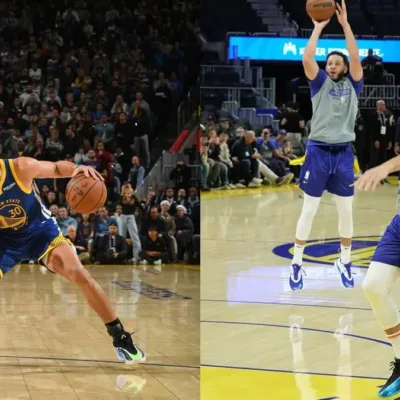 Colagem com duas fotos verticais em painel horizontal do atleta Stephen Curry, armador do Golden State Warriors, NBA, durante partida.