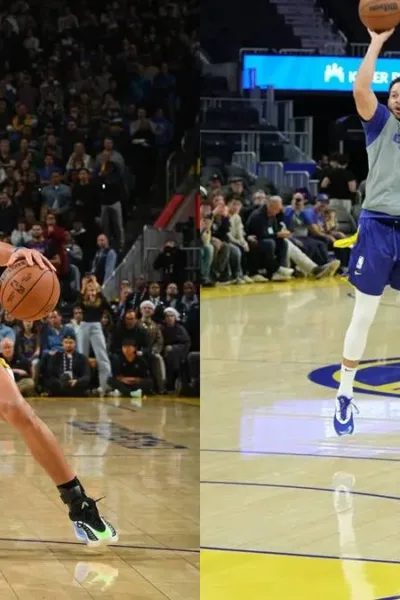 Colagem com duas fotos verticais em painel horizontal do atleta Stephen Curry, armador do Golden State Warriors, NBA, durante partida.