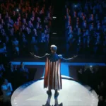 Homelander em um ambiente escuro iluminado apenas no palco, com ele em destaque, braços abertos, uma multidão em um nível abaixo, majoritariamente masculina, aplaudindo eufórica. Imagem do 1º episódio da 5ª temporada de "The Boys".