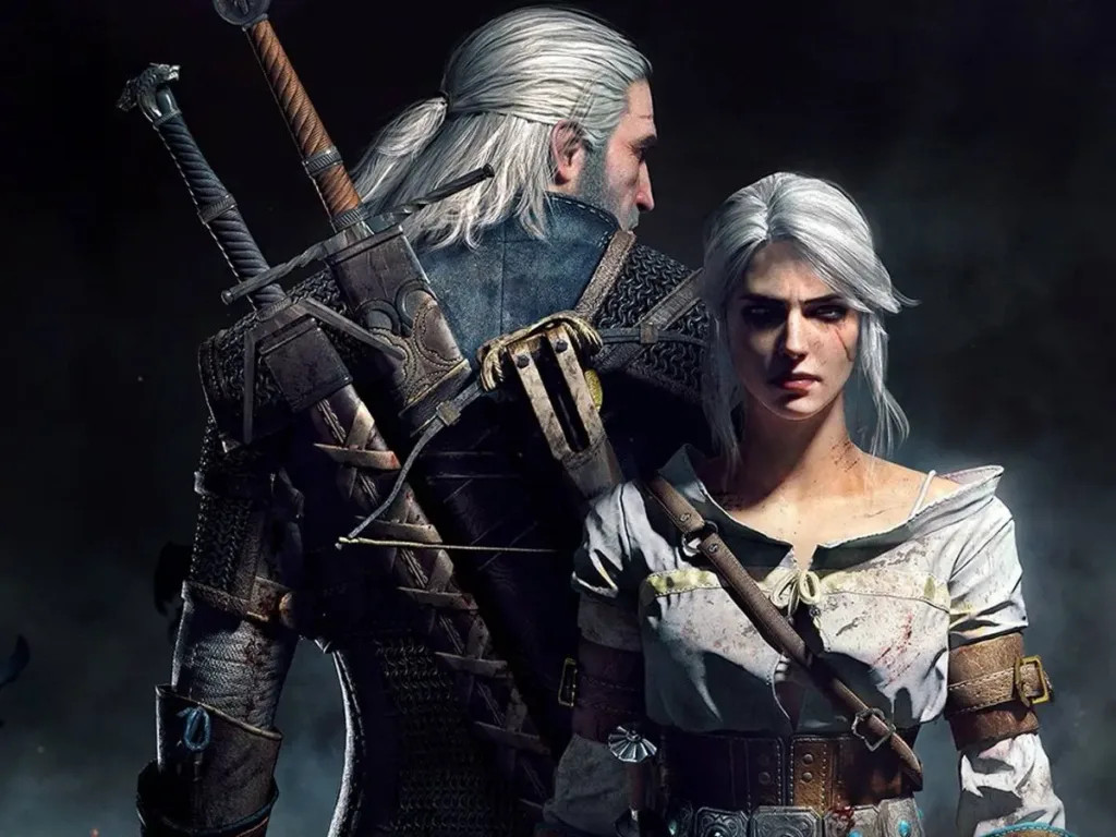 Geralt de Rivia, de costas, à esquerda, cabeça levemente virada à direita, e Siri, olhando em direção ao jogador, de frente, da série de jogos The Witcher.
