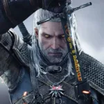 Geralt de Rivia, série de jogos The Witcher, em imagem focada no busto centralizada com ele puxando sua espada, braço direito erguido.