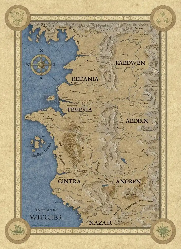 Mapa do universo The Witcher, estilo clássico.