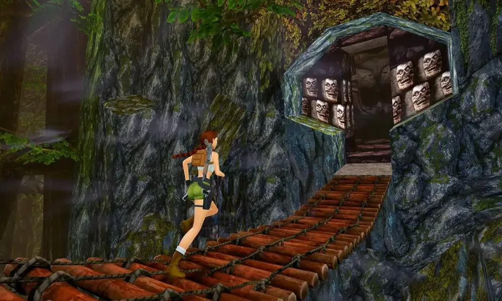 Lara Croft na série clássica da trilogia de Tomb Raider. Ela atravessa uma ponte.