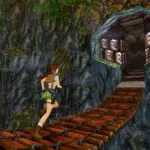 Lara Croft na série clássica da trilogia de Tomb Raider. Ela atravessa uma ponte.