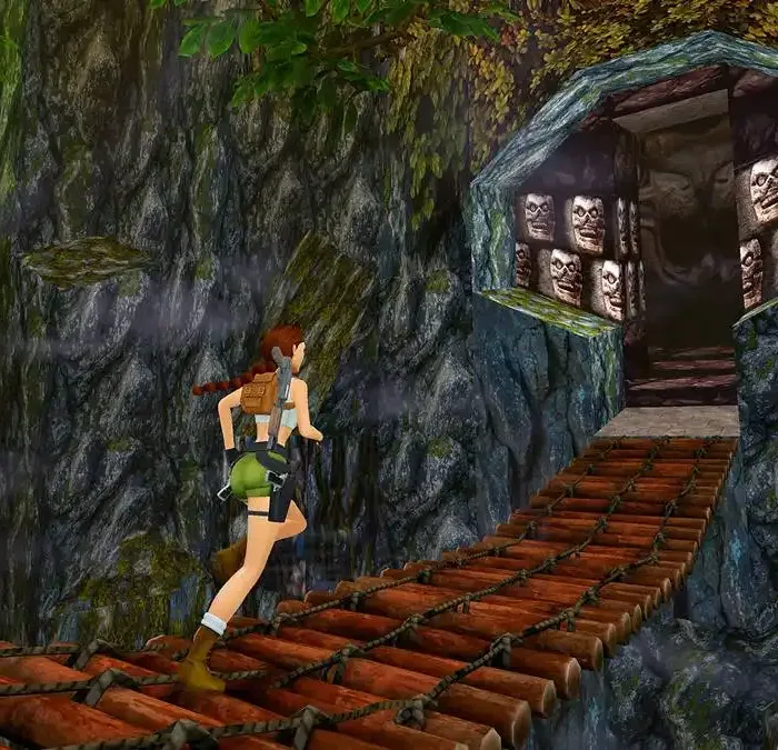 Lara Croft na série clássica da trilogia de Tomb Raider. Ela atravessa uma ponte.