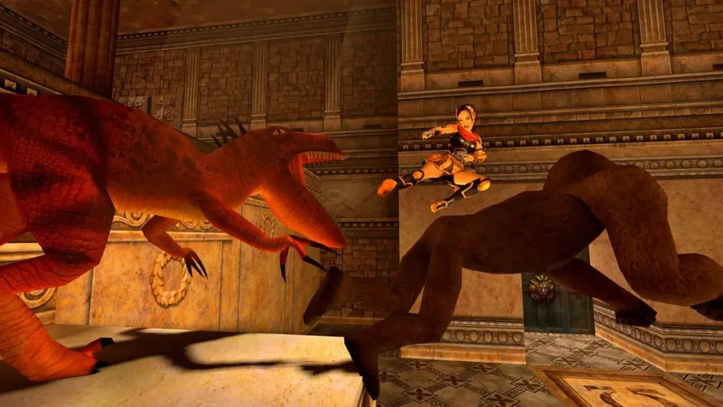 Lara Croft na série clássica da trilogia de Tomb Raider. Ela luta contra dinossauros.