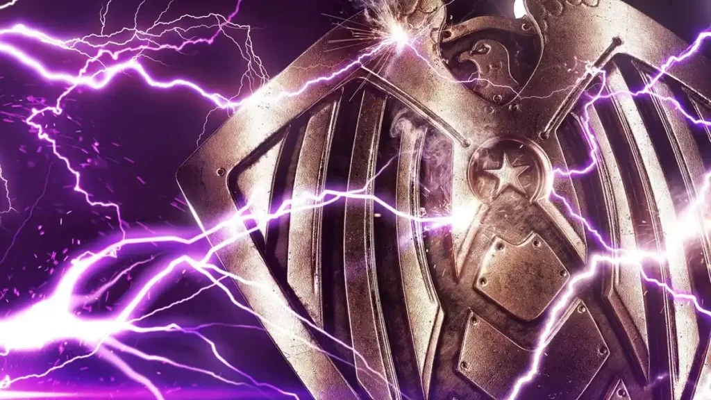 Vought Rising | Tudo Sobre a Nova Série Derivada de The Boys que Ganhou Trailer Explosivo na Prime Video 1 Trata-se de uma imagem promocional para a nova série spin-off intitulada Vought Rising. Escudo em fundo púrpura cheio de raios.