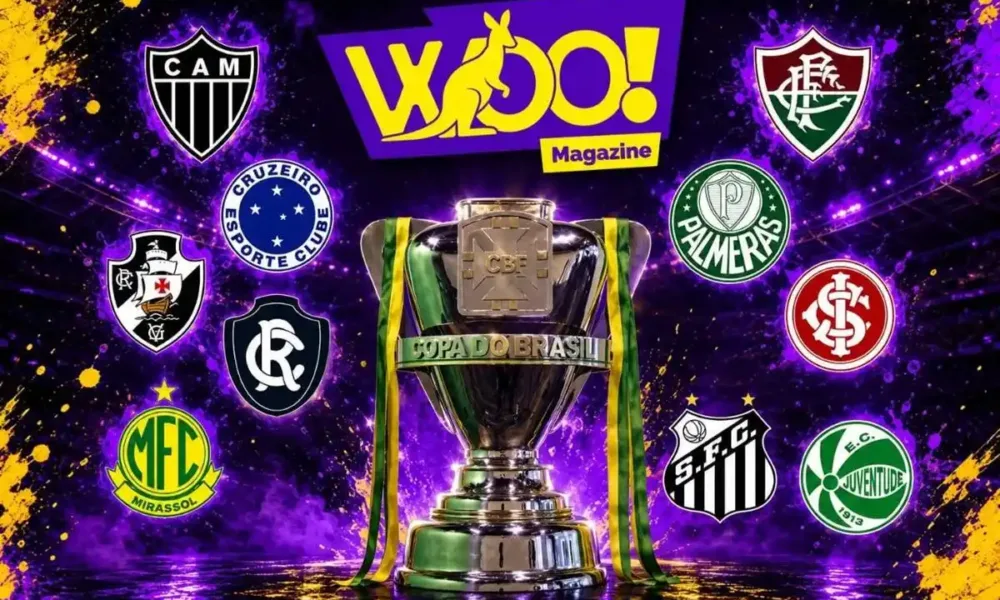 Troféu da copa do Brasil em destaque, fundo roxo, logo da Woo! Magazine acima, cercado dos escudos dos times da rodada.