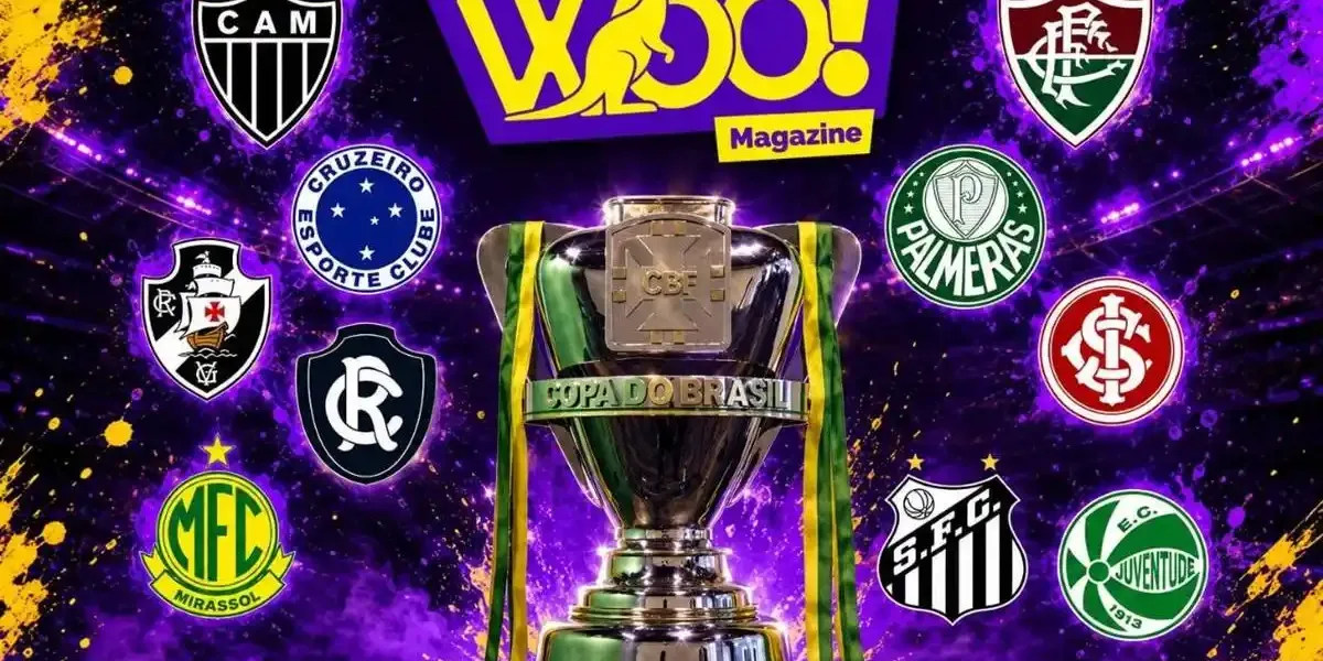 Copa do Brasil Tem Noite de Emoção, Zebra e Classificação Dramática do Atlético-MG nos Pênaltis (13/05/26) Troféu da copa do Brasil em destaque, fundo roxo, logo da Woo! Magazine acima, cercado dos escudos dos times da rodada.