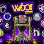 Troféu da copa do Brasil em destaque, fundo roxo, logo da Woo! Magazine acima, cercado dos escudos dos times da rodada.