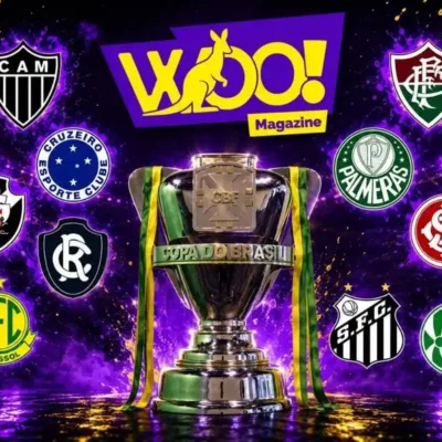 Troféu da copa do Brasil em destaque, fundo roxo, logo da Woo! Magazine acima, cercado dos escudos dos times da rodada.