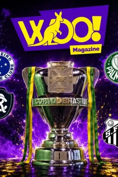 Troféu da copa do Brasil em destaque, fundo roxo, logo da Woo! Magazine acima, cercado dos escudos dos times da rodada.