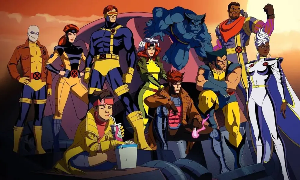 Equipe dos X-Men na série animada 2024 "X-Men '97", como se estivessem posando para foto. Ao fundo, paisagem de final de tarde.