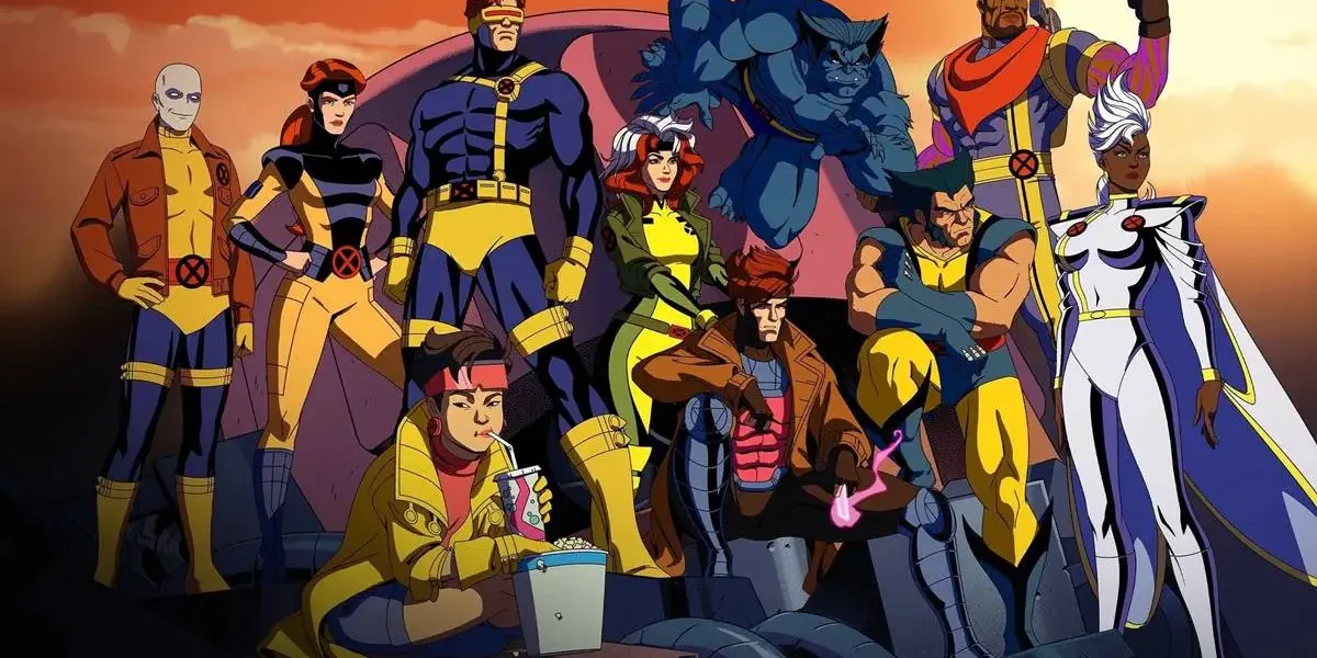 X-Men ’97 | Vazamento Revela Trailer da 2ª Temporada Equipe dos X-Men na série animada 2024 "X-Men '97", como se estivessem posando para foto. Ao fundo, paisagem de final de tarde.