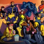 Equipe dos X-Men na série animada 2024 "X-Men '97", como se estivessem posando para foto. Ao fundo, paisagem de final de tarde.