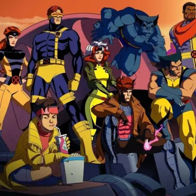 Equipe dos X-Men na série animada 2024 "X-Men '97", como se estivessem posando para foto. Ao fundo, paisagem de final de tarde.