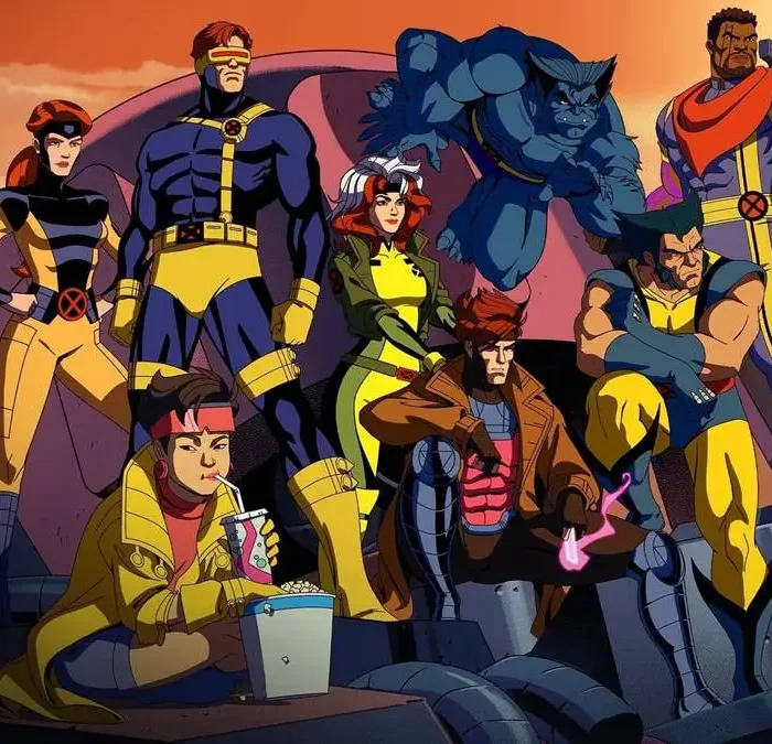 Equipe dos X-Men na série animada 2024 "X-Men '97", como se estivessem posando para foto. Ao fundo, paisagem de final de tarde.