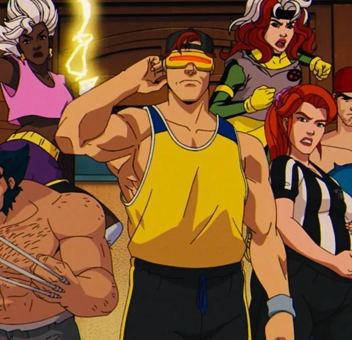 Esta é uma cena da série de animação X-Men '97, continuação direta da animação dos anos 90. Mutantes com Ciclope ao centro.