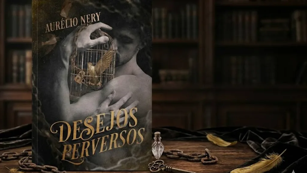 "Desejos Perversos" por Aurélio Nery, um livro de romance LGBTQIA+ disponível na Amazon. Livro está de pé sobre mesa de madeira, em volta à penas douradas, um manto negro, correntes, uma chave de ferro, e atrás uma biblioteca. Imagem gerada por IA.