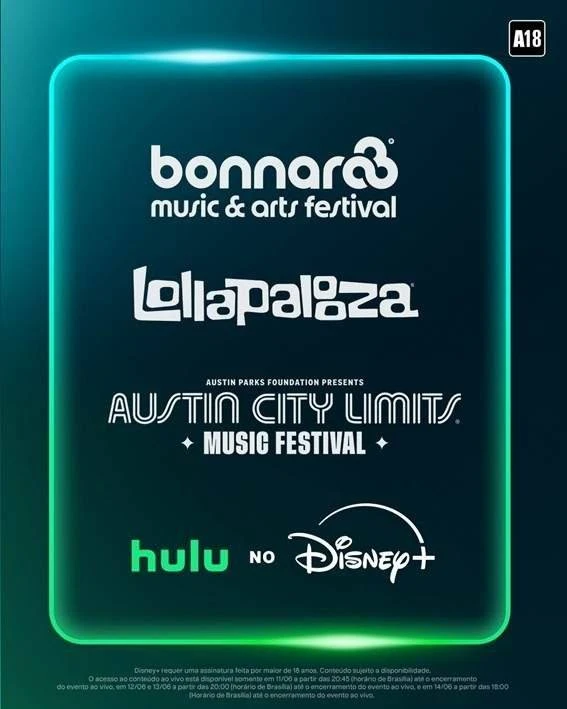 Disney+ Transmitirá ao Vivo Grandes Festivais Internacionais de Música Para Assinantes 1 Painel do Disney+/Hulu com divulgação de festivais que serão transmitidos pela plataforma de streaming a partir desse 2026.