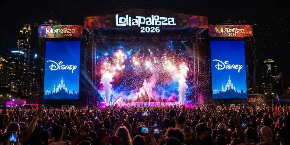 Disney+ Transmitirá ao Vivo Grandes Festivais Internacionais de Música Para Assinantes Palco noturno no Lollapalooza Chicago com inscrição Lollapalooza 2026 no letreiro. Nos telões é visível o logo do Disney+, que distribui o evento internacionalmente a partir de 2026.
