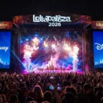 Palco noturno no Lollapalooza Chicago com inscrição Lollapalooza 2026 no letreiro. Nos telões é visível o logo do Disney+, que distribui o evento internacionalmente a partir de 2026.