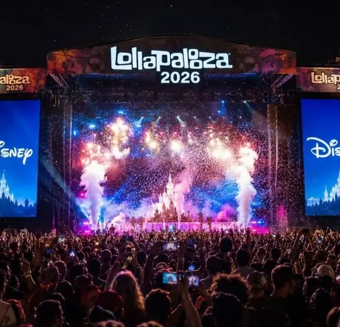 Palco noturno no Lollapalooza Chicago com inscrição Lollapalooza 2026 no letreiro. Nos telões é visível o logo do Disney+, que distribui o evento internacionalmente a partir de 2026.