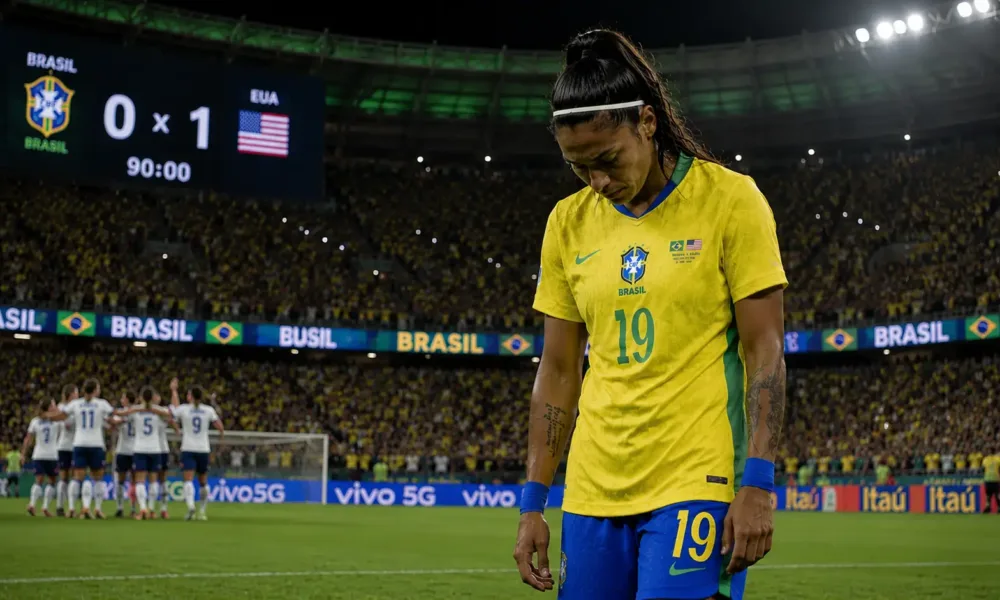 Geyse cabisbaixa em derrota da Seleção Brasileira