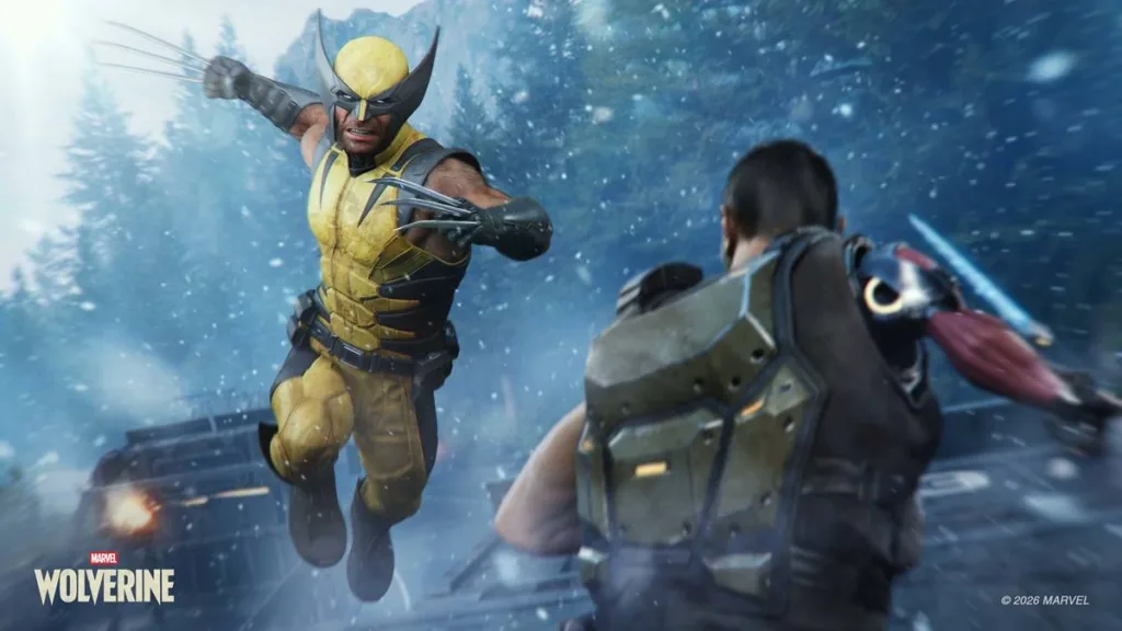 Marvel's Wolverine Revela Gameplay Brutal e Impressiona Fãs em Novo State of Play 2 Imagem promocional de Marvel's Wolverine, com protagonista uniformizado enfrentando um humano, dando um salto para atacá-lo.