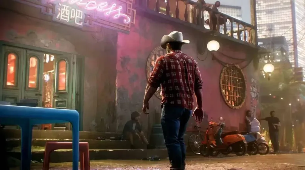 Marvel's Wolverine Revela Gameplay Brutal e Impressiona Fãs em Novo State of Play 3 Captura de tela de gameplay de Marvel's Wolverine, homem de chapéu prestes a entrar em bar com faixa neon.