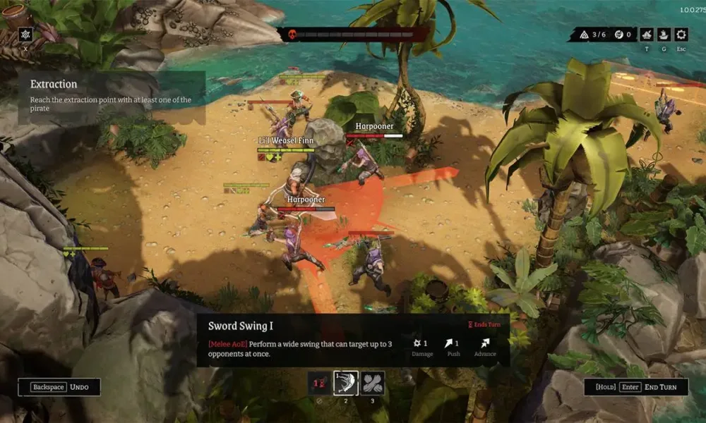 Tela do jogo, em praia, do jogo "Rogue Waters", da Epic Games.
