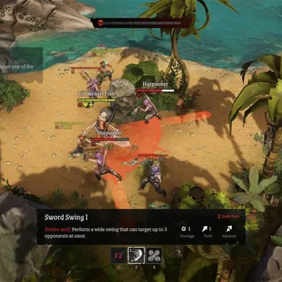 Tela do jogo, em praia, do jogo "Rogue Waters", da Epic Games.