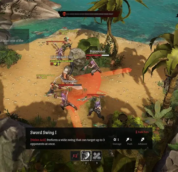 Tela do jogo, em praia, do jogo "Rogue Waters", da Epic Games.