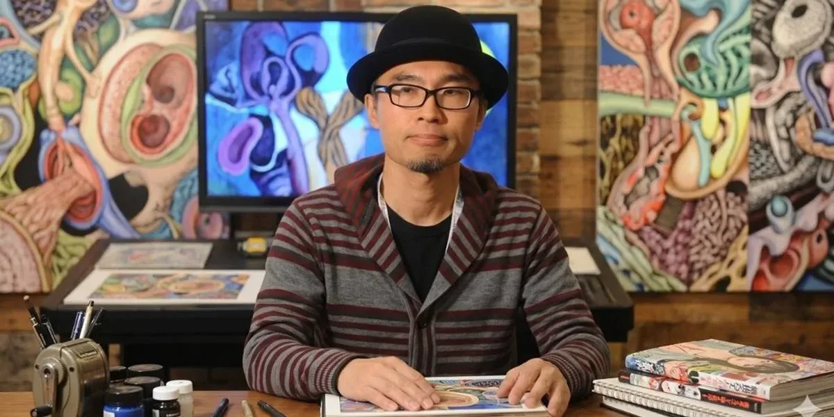 CCXP26 Anuncia Shintaro Kago e Leva um dos Mangakás Mais Inovadores do Mundo para o Artists’ Valley Shintaro Kago em estúdio próprio com suas obras ao lado, painel na parede mostra seu estilo artístico bem marcado no surreal. Ele está com chapéu-coco, óculos, expressão neutra. Imagem gerada por IA.
