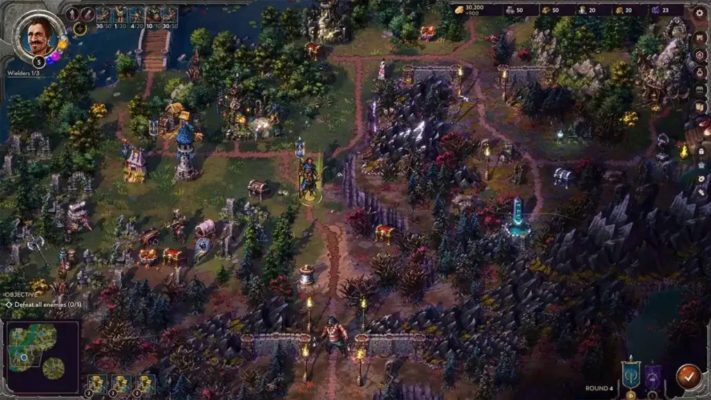 Tela do jogo "Song of Conquest", da Epic Games, uma tela de jogo de estratégia clássico.
