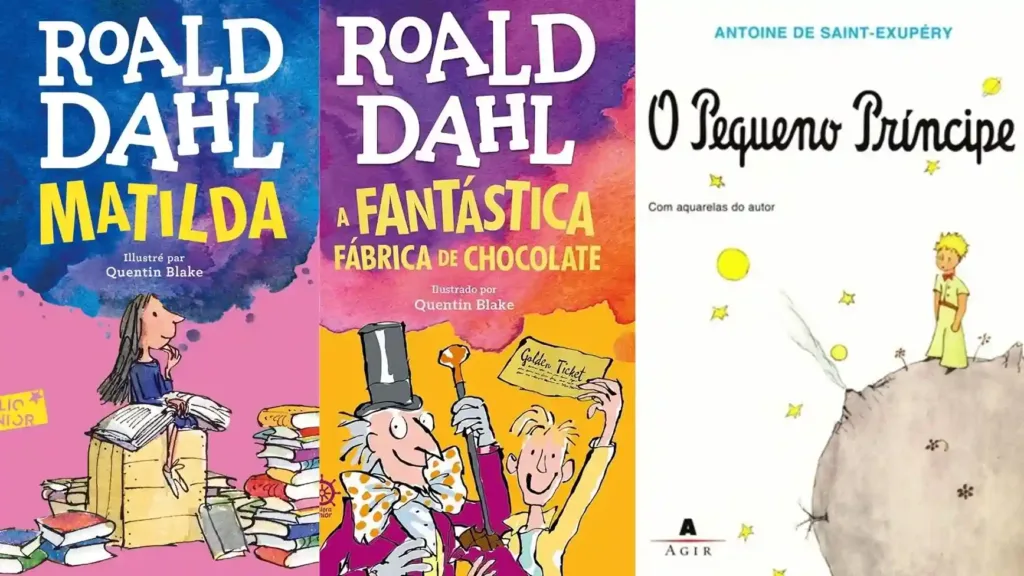 O Livro Certo Para Cada Fase da Vida | Descubra o Que Ler Agora 8 Montagem com capas de livros que despertam nostalgia e lembranças da infância, incluindo Matilda, A Fantástica Fábrica de Chocolate e O Pequeno Príncipe.