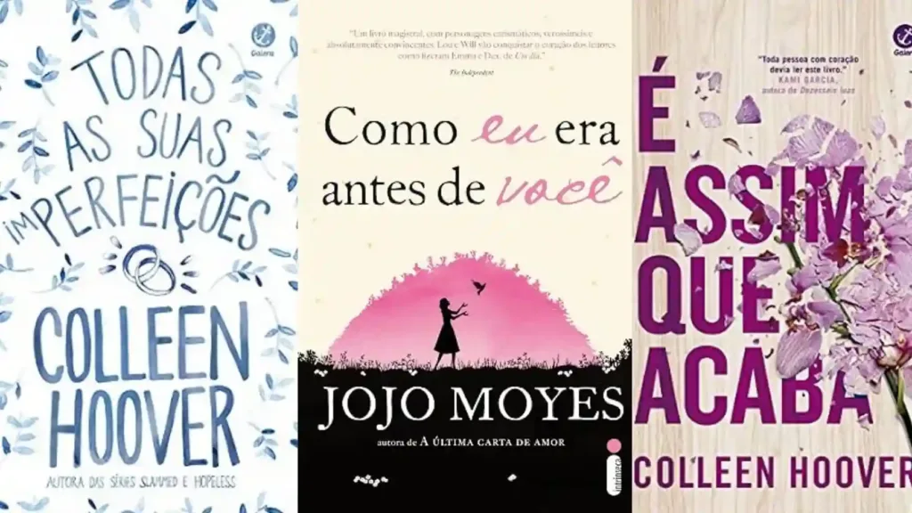 O Livro Certo Para Cada Fase da Vida | Descubra o Que Ler Agora 4 Montagem com capas de livros sobre amor, despedidas e corações partidos, incluindo Todas as Suas Imperfeições, Como Eu Era Antes de Você e É Assim que Acaba.
