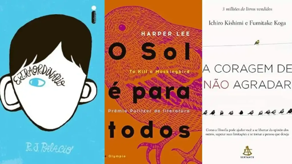 O Livro Certo Para Cada Fase da Vida | Descubra o Que Ler Agora 5 Montagem com capas de livros sobre autoconfiança e superação, incluindo Extraordinário, O Sol é Para Todos e Coragem de Não Agradar.