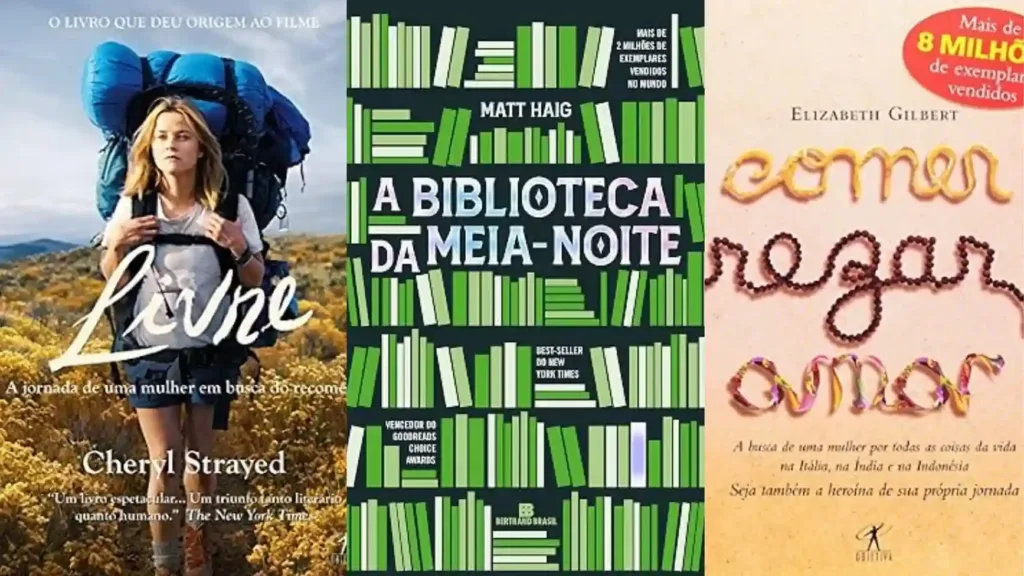 O Livro Certo Para Cada Fase da Vida | Descubra o Que Ler Agora 1 Montagem com capas de livros sobre recomeços e novas jornadas, incluindo Livre, A Biblioteca da Meia-Noite, Comer Rezar e Amar