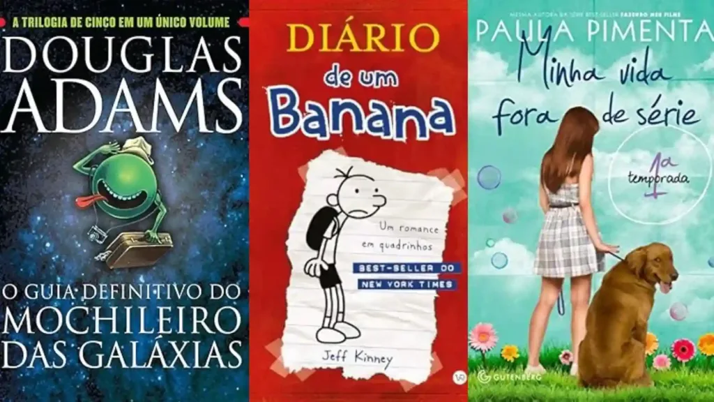 O Livro Certo Para Cada Fase da Vida | Descubra o Que Ler Agora 7 Montagem com capas de livros divertidos e bem-humorados, incluindo O Guia Definitivo do Mochileiro das Galáxias, Diário de um Banana e Minha Vida Fora de Série