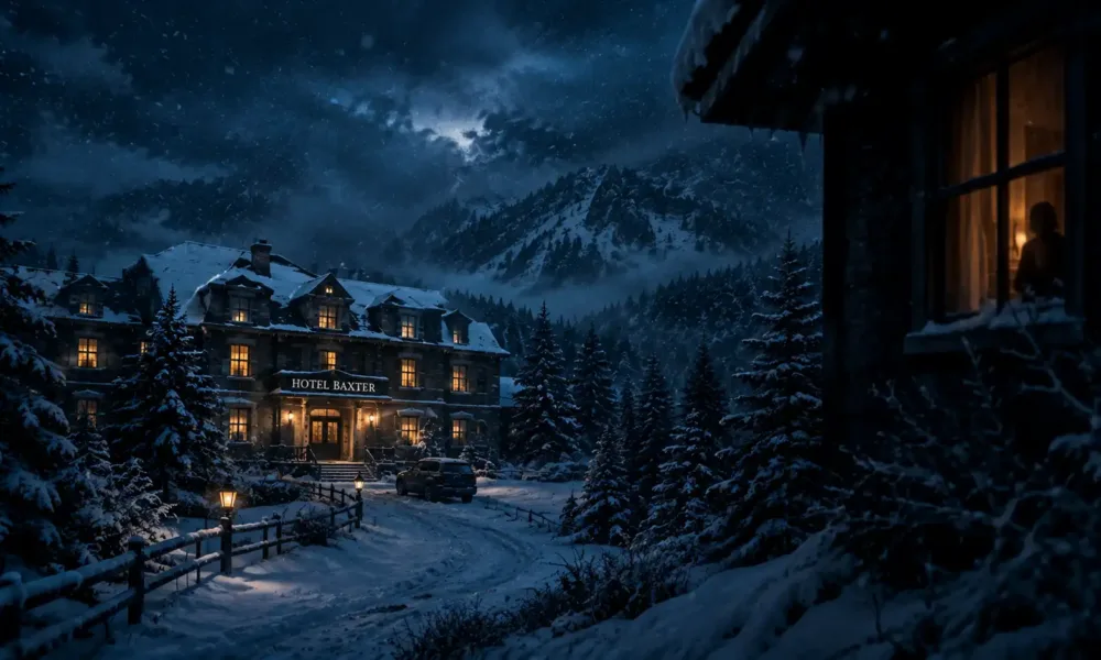 Hotel Baxter isolado em meio a uma paisagem coberta de neve durante a noite, cercado por árvores e montanhas. Ao longe, uma silhueta aparece discretamente em uma janela iluminada, criando uma atmosfera de mistério e suspense.