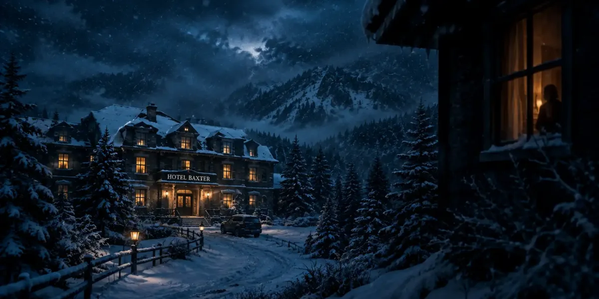 Não Perturbe | Um Thriller Perturbador e Cheio de Reviravoltas Hotel Baxter isolado em meio a uma paisagem coberta de neve durante a noite, cercado por árvores e montanhas. Ao longe, uma silhueta aparece discretamente em uma janela iluminada, criando uma atmosfera de mistério e suspense.