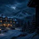 Hotel Baxter isolado em meio a uma paisagem coberta de neve durante a noite, cercado por árvores e montanhas. Ao longe, uma silhueta aparece discretamente em uma janela iluminada, criando uma atmosfera de mistério e suspense.