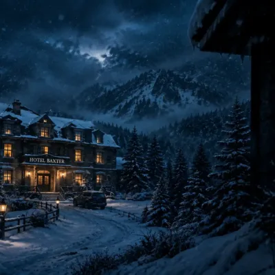 Hotel Baxter isolado em meio a uma paisagem coberta de neve durante a noite, cercado por árvores e montanhas. Ao longe, uma silhueta aparece discretamente em uma janela iluminada, criando uma atmosfera de mistério e suspense.