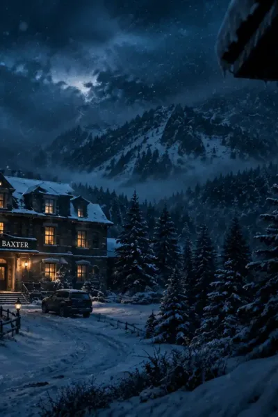 Não Perturbe | Um Thriller Perturbador e Cheio de Reviravoltas Hotel Baxter isolado em meio a uma paisagem coberta de neve durante a noite, cercado por árvores e montanhas. Ao longe, uma silhueta aparece discretamente em uma janela iluminada, criando uma atmosfera de mistério e suspense.