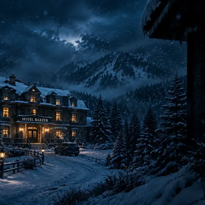 Hotel Baxter isolado em meio a uma paisagem coberta de neve durante a noite, cercado por árvores e montanhas. Ao longe, uma silhueta aparece discretamente em uma janela iluminada, criando uma atmosfera de mistério e suspense.